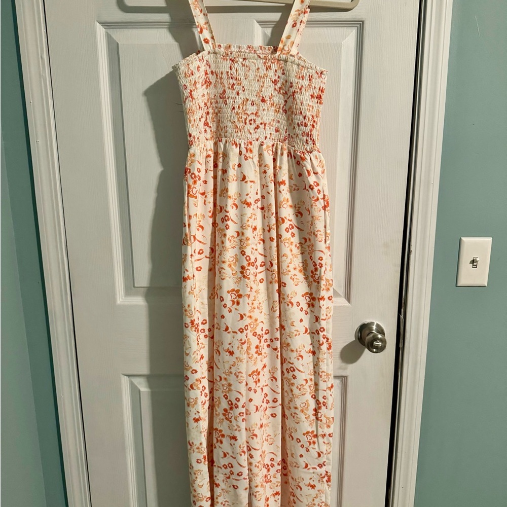 Floral Jumpsuit with Red and Cream Pattern and Pockets